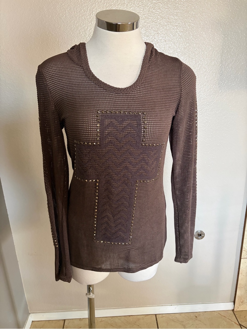 Vocal Brown Lightweight Hooded Knit Top with Studded Cross